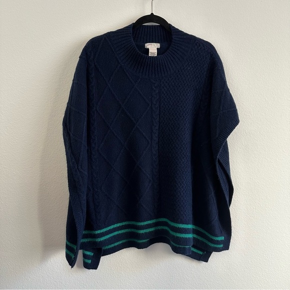 FREE PEOPLE Harbour Stripe Cable Poncho in Navy and Green One Size - Picture 6 of 11